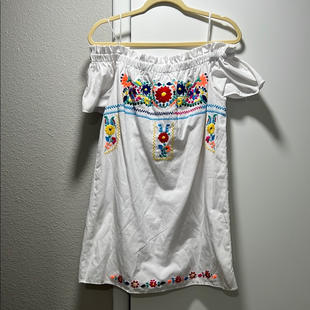 White Off-Shoulder Dress with Colorful Embroidery